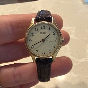 Seiko Gold-Tone Watch with Dark Brown Strap